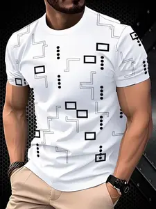 Men's Geometric Pattern Prints Short Sleeve T-Shirt, Fashion Casual Streetwear Graphic Round Neck Top, Slim Fit Classic Menswear Male Clothing