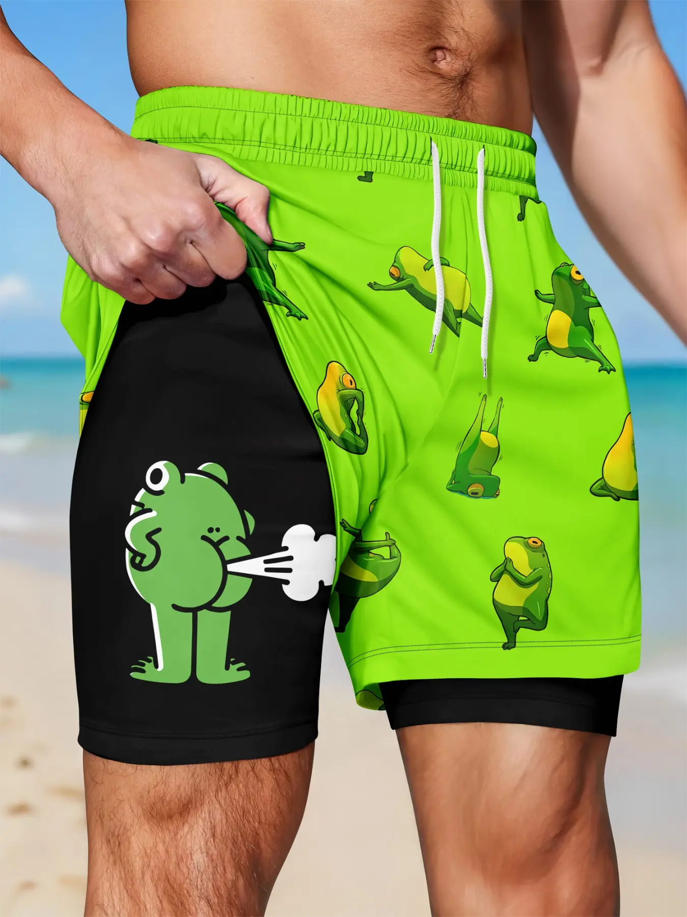 Funny Vacation Style Frog Print Dual-Layer Gym Shorts, Casual Slim-Fitting Cartoon Graphic Shorts, Lightweight & Comfortable Design, Lightweight Summer Shorts