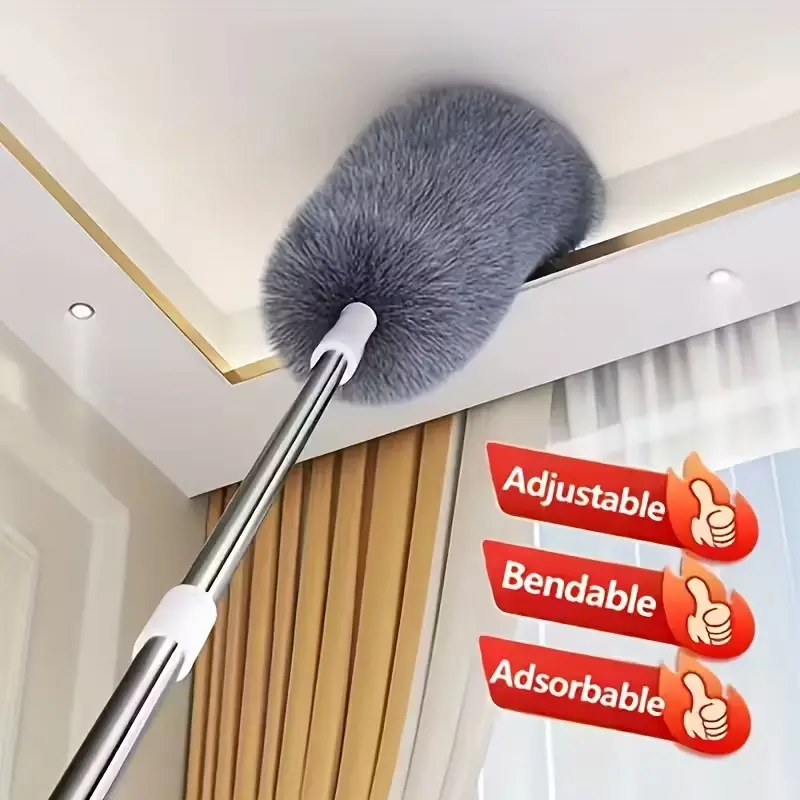 1-in-1 Retractable Extension Pole & Dusting Brush, Household Cleaning Tool, Home Cleaning Tool with Handle, Telescopic Pole, Washable Microfiber Heads for Wet/Dry Use, Multi-Purpose Ceiling/Furniture Cleaning, Space-Saving Duster for Hard-to-Reach Area