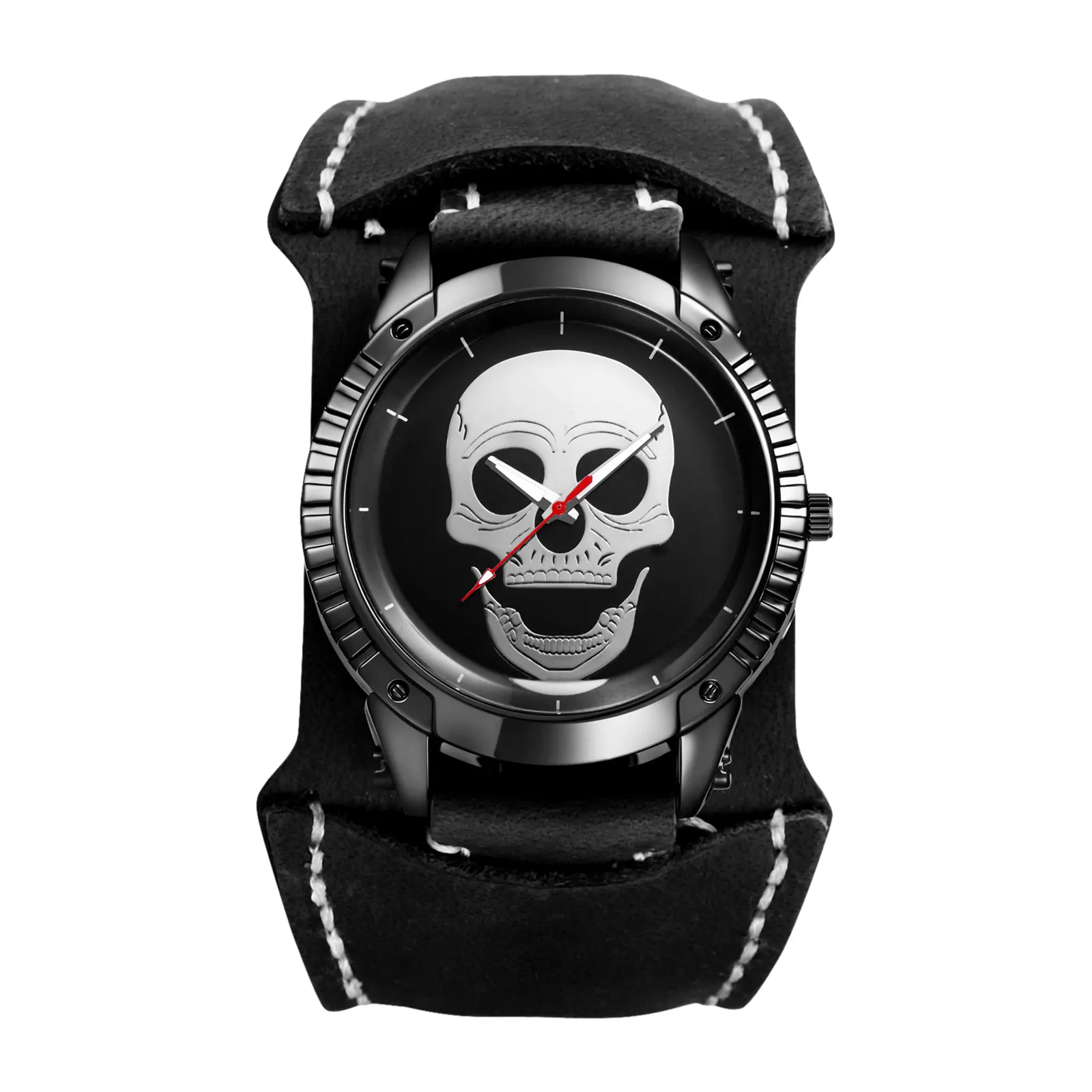 OIDEA Men's Steampunk Skull Watch, Punk Genuine Leather Wide Cuff Bracelet, Detachable & Adjustable Band with Analog Quartz Movement
