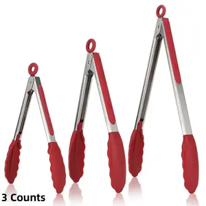 Silicone Kitchen Tongs Set, 3 Counts Non-stick Silicone Tongs with Stainless Steel Handle, Heat Resistant Food Tongs for Cooking, Baking, Frying, Kitchen Utensils Gadgets, Summer for Gift, Kitchen Food Tools Accessories, Heat Resistant Nonstick Spatula