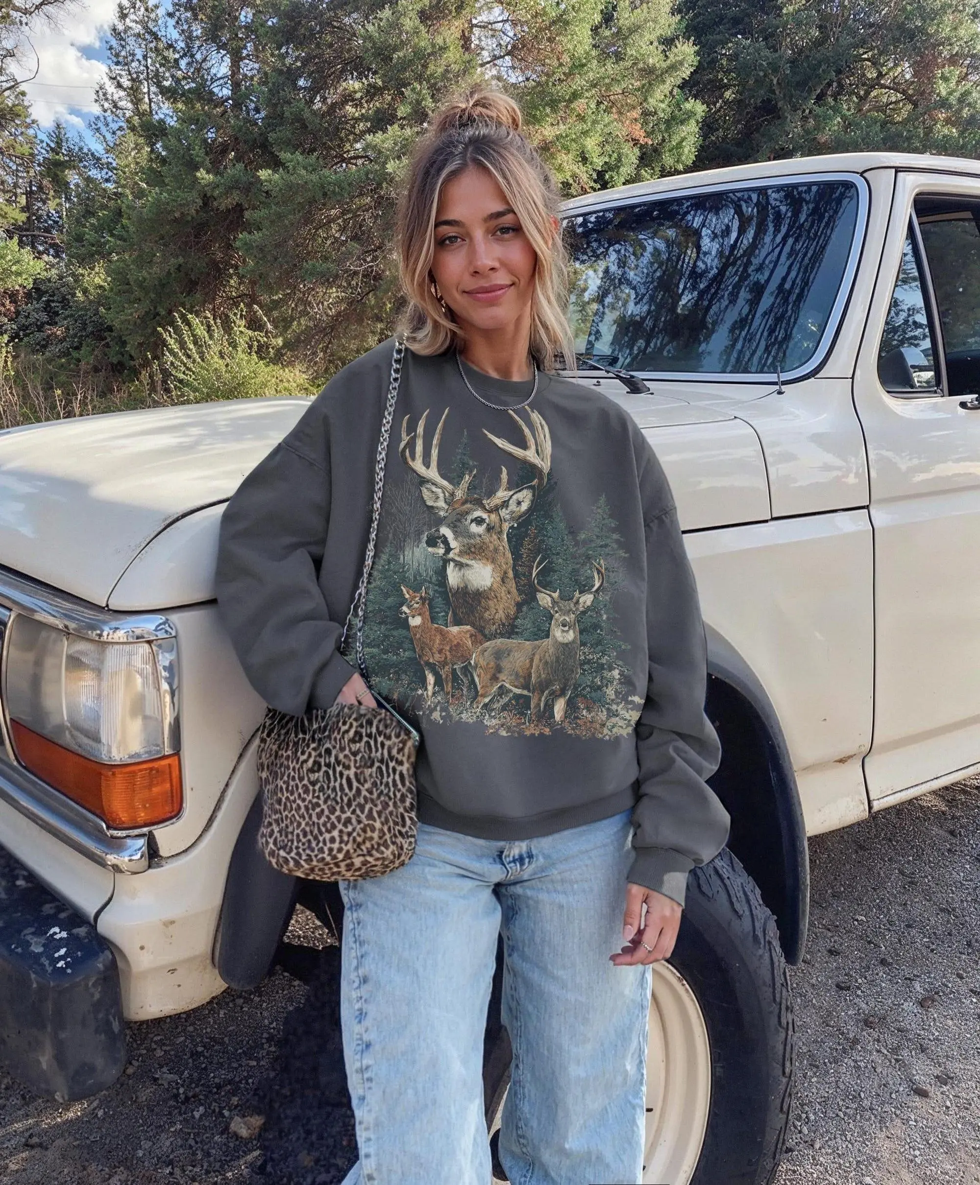 [Sale Up To 30%] + [Free Ship] Retro Deer Graphic Sweater Vintage Cabin Pullover Grandpa Core Forest Crewneck 90s Nature Top Woodland Rustic Sweatshirt