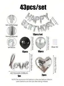 43PCS Silver & Black Birthday Balloon Decoration Set, Happy Birthday Foil Letter Balloons with Silver Heart Foil & Black Latex Balloons for Party Backdrop, Room Decor & Photo Props