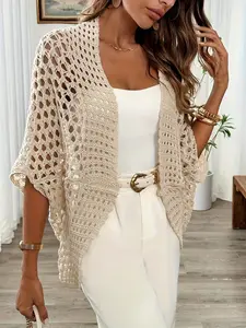 Women's Spring Summer Batwing Sleeve Loose Knit Hollow Out Elegant Cardigan Knitwear, Stylish and Comfortable Outerwear for Ladies