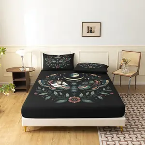 3Pcs Boho Moth Moon Phase Fitted Sheet Set, Vintage Celestial Floral Bed Sheets with Pillowcases, Witchy Cottagecore Aesthetic Bedding for Bedroom, Bed Sheet Sets