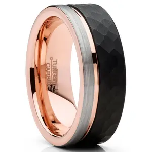 Mens Tungsten Wedding Band Ring Tri-Color Groove Rose Goldtone Comfort-fit 8MM