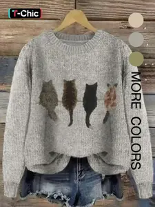 Women's Cat Pattern Knit Sweater, Soft Comfortable Round Neck Pullover, New Design Casual Fashion Lazy Style Top, Knitwear