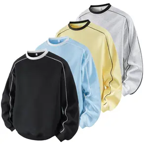 Men's Classic Casual Round Neck Pullover Sweatshirt, Solid Color with Striped Shoulders, Menswear Tops for Spring and Autumn Wear