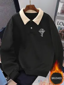 Men's Vintage Polo Neck Sweatshirt, Colorblock Fleece Lined Pullover, College Style Street Casual Top, Fall Winter Wear