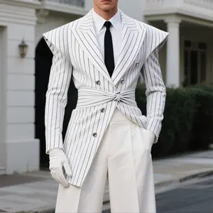 INCERUN Men's Aesthetic Menswear Long Sleeve Striped Blazer - Classic Retro, Spring/Autumn Formal Couture with Architectural Winged Shoulder, Asymmetrical Twisted Sash Tuxedo for Galas, Weddings