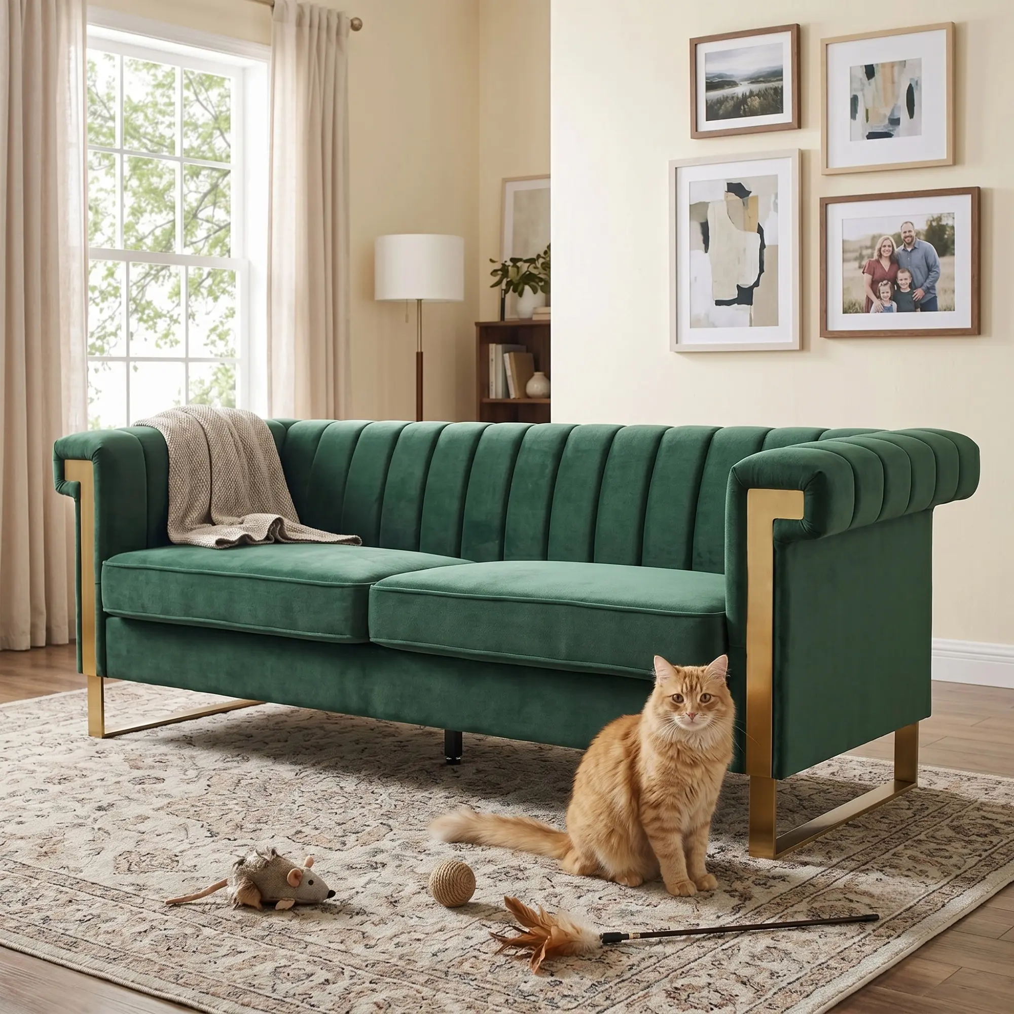 83" Chesterfield Green Velvet Sofa with Velvet Fabric, Rolled Arms, Seats 3 for Living Room, Seats Three
