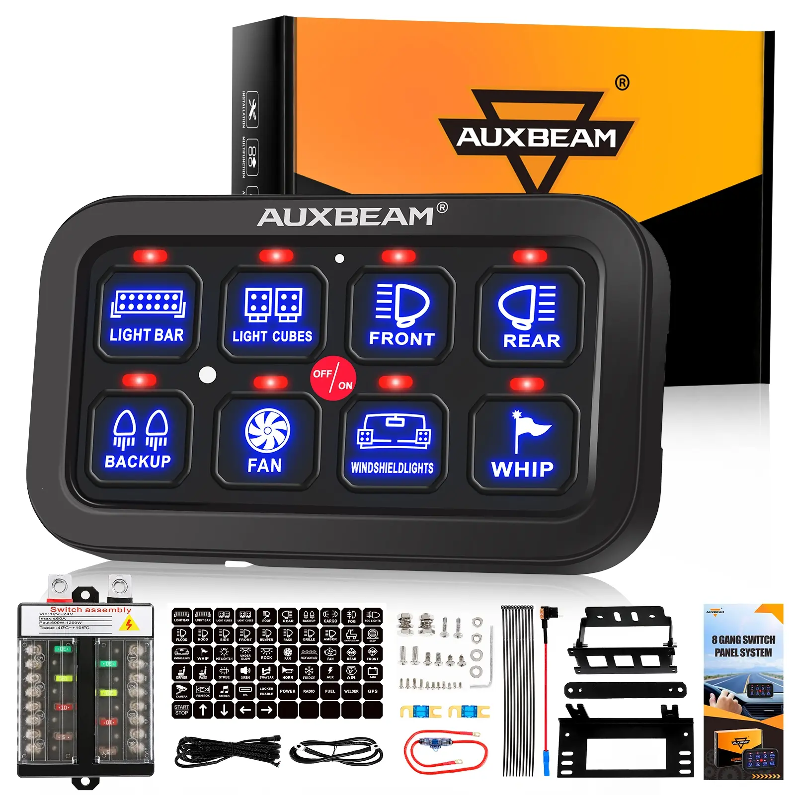 AUXBEAM Aluminum 1 Set of 8 Gang Blue LED Switch Panel with LED Dimmer Switch, Relay System - 12-24V DC, 600W Max Power, 1200W at 24V, On-Off Control, Light Sensor, Dimming, Easy Installation for Outdoor Automotive Use, Led Backlight