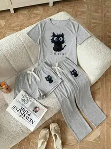 Women's Cute Cartoon Cat Print Sleepwear Set, Casual Loose-Fitting Short Sleeve Pajamas, All Seasons Comfortable Nightwear, Womenswear, Loungewear, Pjs