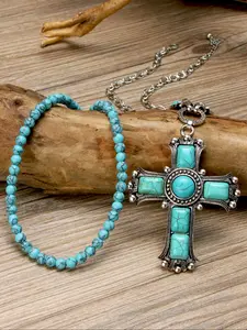 Boho Choker Necklace Set, Dainty Boho Necklace, Vintage Style Turquoise Cross Pendant Jewelry, Blue Stone Beaded Prayer Accessories, Halloween Party Wear, Dainty Necklaces