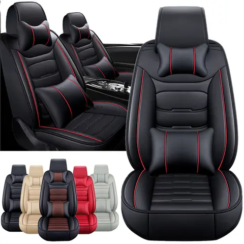 Arespark 5 Seats Full Set Car Seat Covers, Luxury Waterproof Nappa Leather Cushion Protectors, 40/60 Split Front and Rear Bench Seat, Full Surround Car interior Cushions, Universal Fit for Cars Sedans SUVs - (Black/Red Line) #fathersdaygift