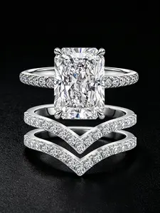 3Pcs Ice flower cut ring；radiant cut high carbon diamond；real gold plated couple rings；simulated diamond wedding bands；anniversary birthday gift for her；women banquet daily jewelry