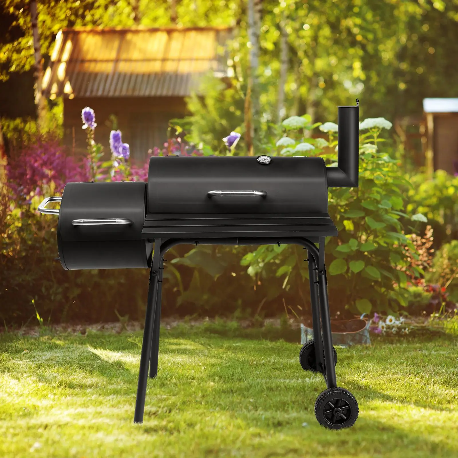 【Summervibes】Barrel Charcoal Grill with Offset Smoker, All Metal Outdoor Smoker with Side Table and Wheels for Outdoor Garden Patio and Backyard Cooking