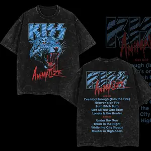 [$$$MANLIFE] Kiss Band – Animalize Washed T-Shirt | Vintage Glam Rock Tee, Double-Sided Tour-Inspired Graphic, Distressed Cotton Band Merch for Hard Rock Fans | Oversized Retro Streetwear Fit