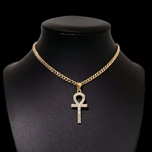 Gold Crystal Ankh Pendant Choker Necklace - CC