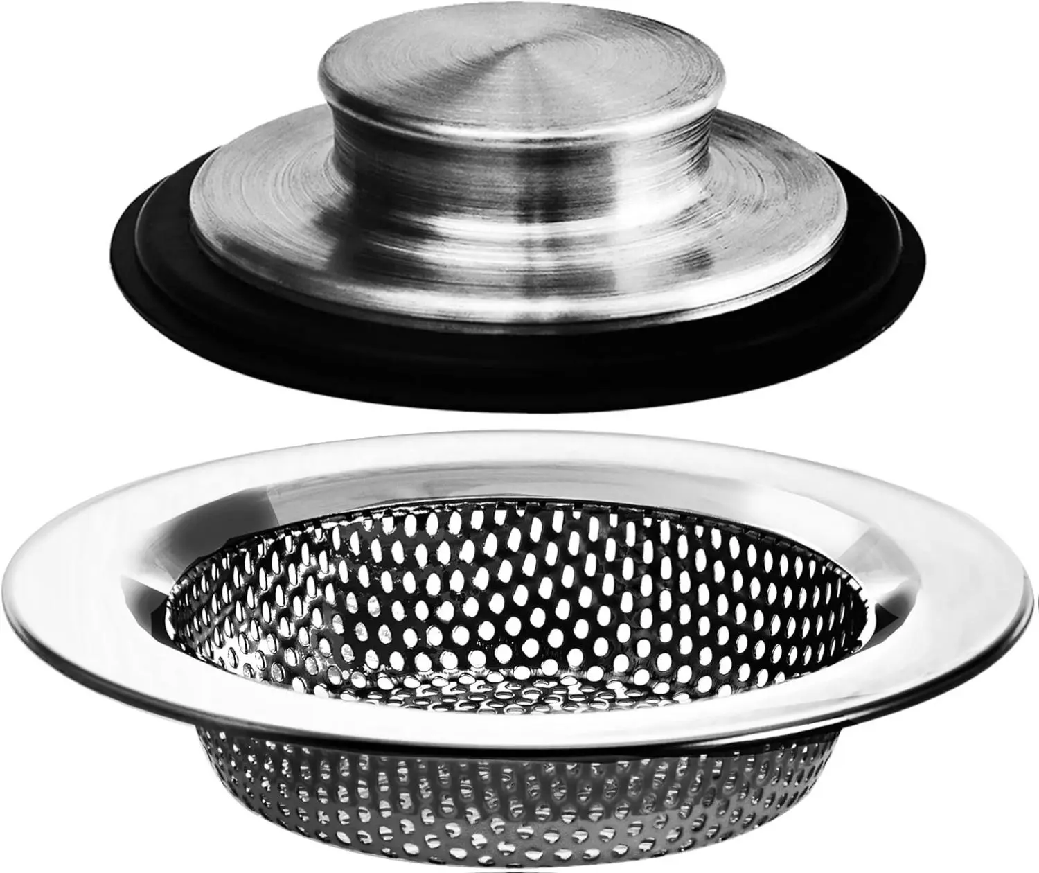 2PCS Stainless Steel Drainer Set - 3-3/8 in Standard Sink Drain Strainer, Durable Rubber Stopper, Dishwasher Safe, Easy Installation, Home Bathroom Gadget for Sink Cleaning