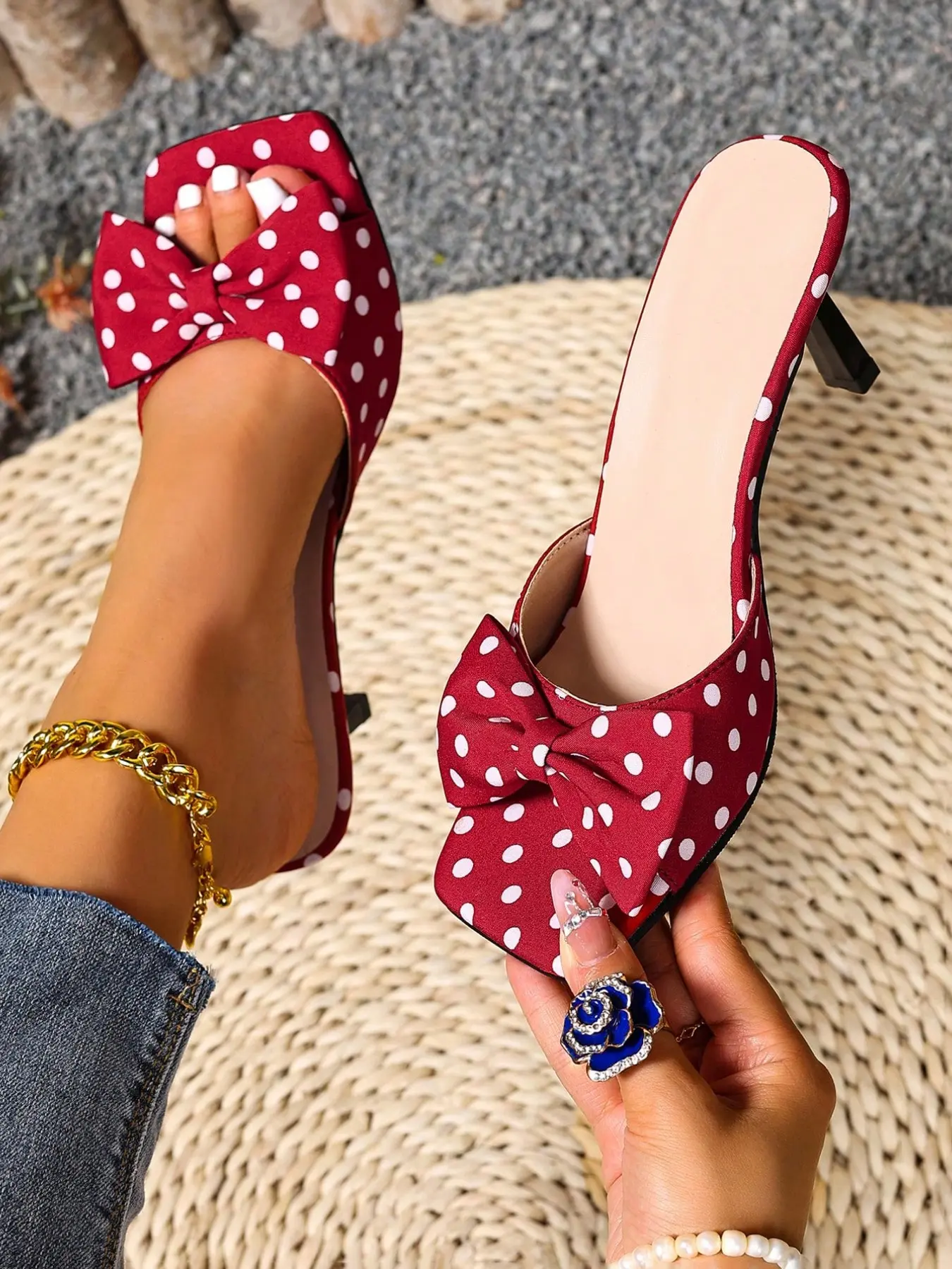 Women's Polka Dot Bow High Heel Sandals, Dressy Sandals, Fashionable Party Shoes, Versatile Outdoor Wear, Elegant Evening Footwear
