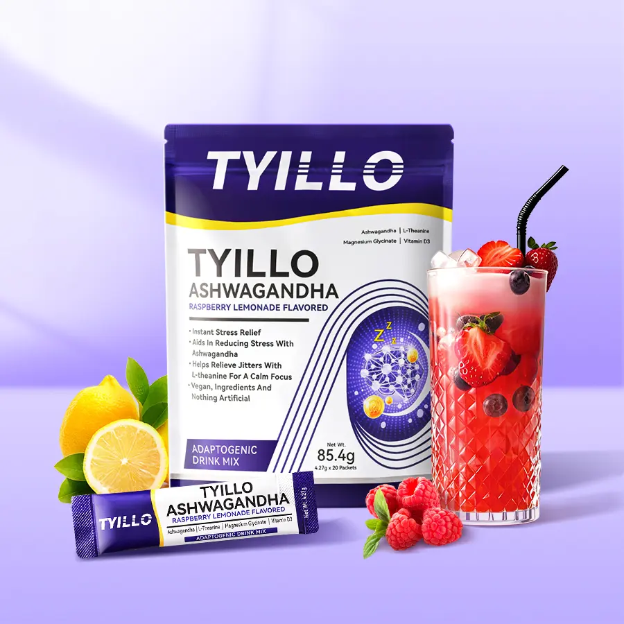 Tyillo Ashwagandha Super Calming Powder Drink Mix, Raspberry Lemonade Flavor (85.4g) – Adaptogenic Dietary Vitamin Supplement with Magnesium for Stress Management, Relaxation, Cognitive Focus, Immune Boost, Adult Convenience