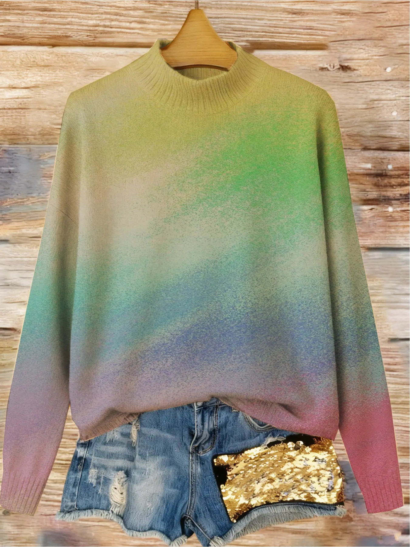 Women's Multicolor Gradient Print Stand Collar Sweater, Fall Winter Casual Long Sleeve Knitwear, Comfortable Warm Daily Wear