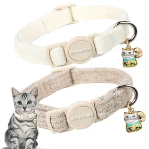 DOGWONG 2 Pack White Hemp Breakaway Cat Collars with Bell - Adjustable Safety Buckle Pet Collar for Girl Boy Cats