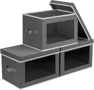 Storage Bins with Lids - Fabric Storage Boxes with Lids, Collapsible Storage Bins with Window, Decorative Closet Organizers and Storage for Clothes, Towels, Books, 3 Pack, Dark Grey