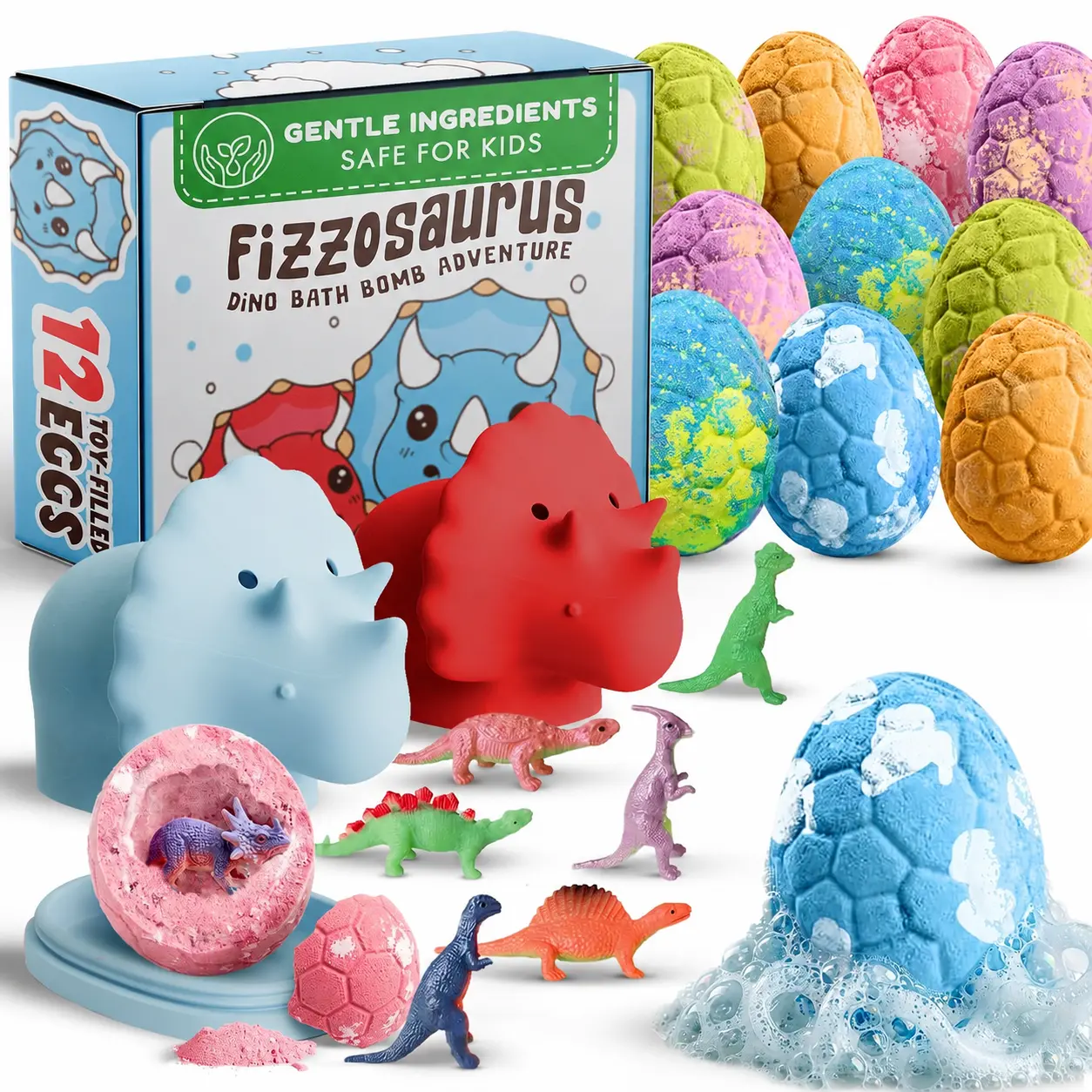 Fizzosaurus All Natural Bath Bombs for Kids with Surprise Toys Inside with Child Safe Dino Diffusers- 12 Pack Organic Dinosaur Bath Bombs with Toys Inside - Dino Bath Bomb for Kids