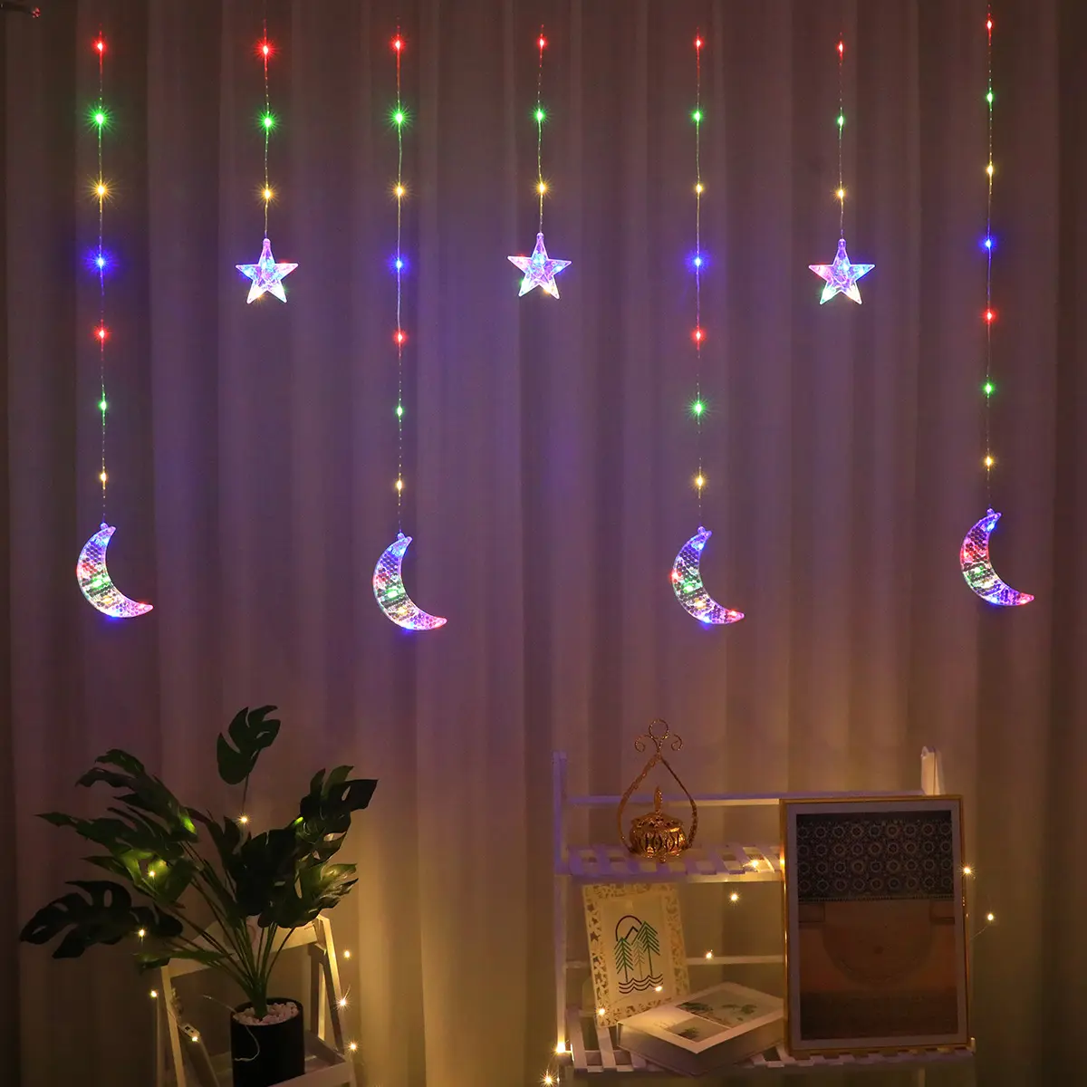 Moon Star Curtain Light for Home Bedroom Background Wall Hanging Lamp, Moon And Star Festival Atmosphere Indoor String Decoration, Ramadan Valentine's Day Decor, Bedroom Led Lights