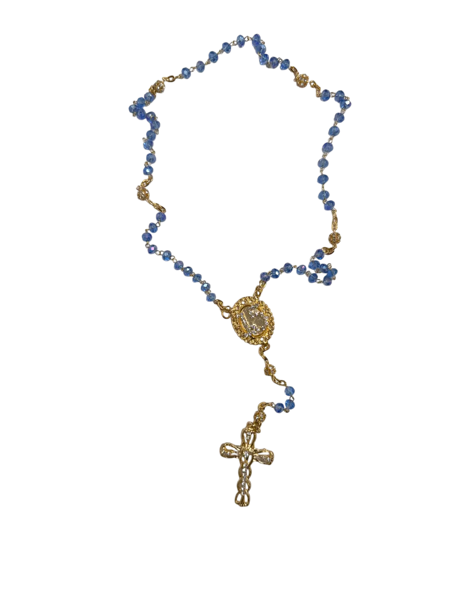 Blue Crystal Quinceañera Rosary with Gold Cross