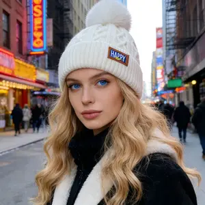 Women's pompom winter ribbed beanie solid color chunky knit soft warm hat plush ball ear protection crossed cap headgear gift for her