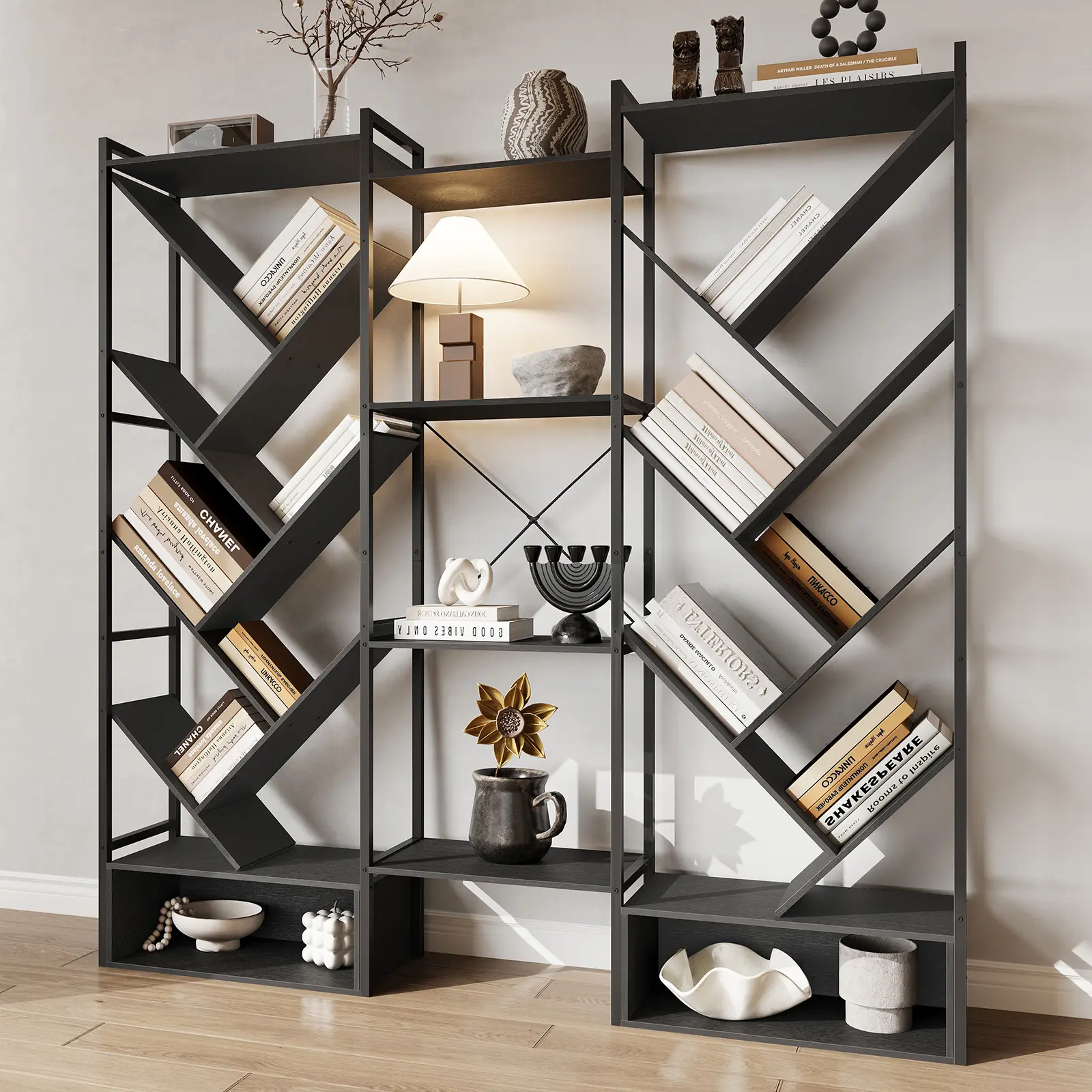 Modern Triple Column 6-Tier Standing Bookshelf – 24 Open Display Shelves, Large Industrial Wooden Bookcase with Storage Cabinet – Organizer for Living Room, Bedroom, Home Office, Black/Brown/White