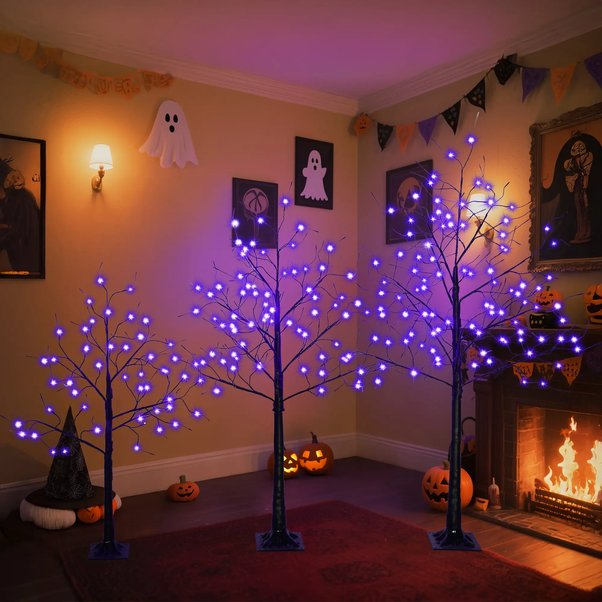 3 Pack Halloween Spooky Tree with Purple Lights, 4FT 5FT 6FT Prelit Black Spooky Trees with 216 LEDs, Adjustable Branches and Plastic Base，Hinged Black Tree for Indoor Halloween Decoration
