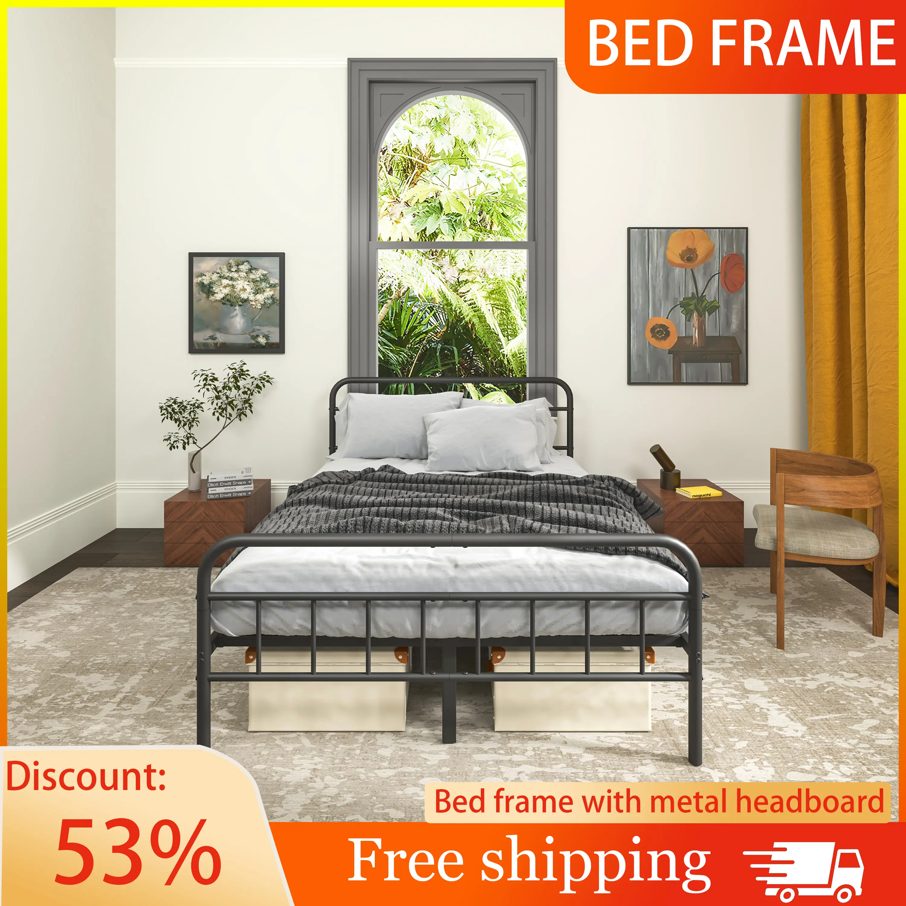 Metal Platform Bed Frame/Victorian Style Headboard and Footboard/Steel Slat Support/Easy Assembly/No Box Spring Needed/Underbed Storage/Noise Free/Black