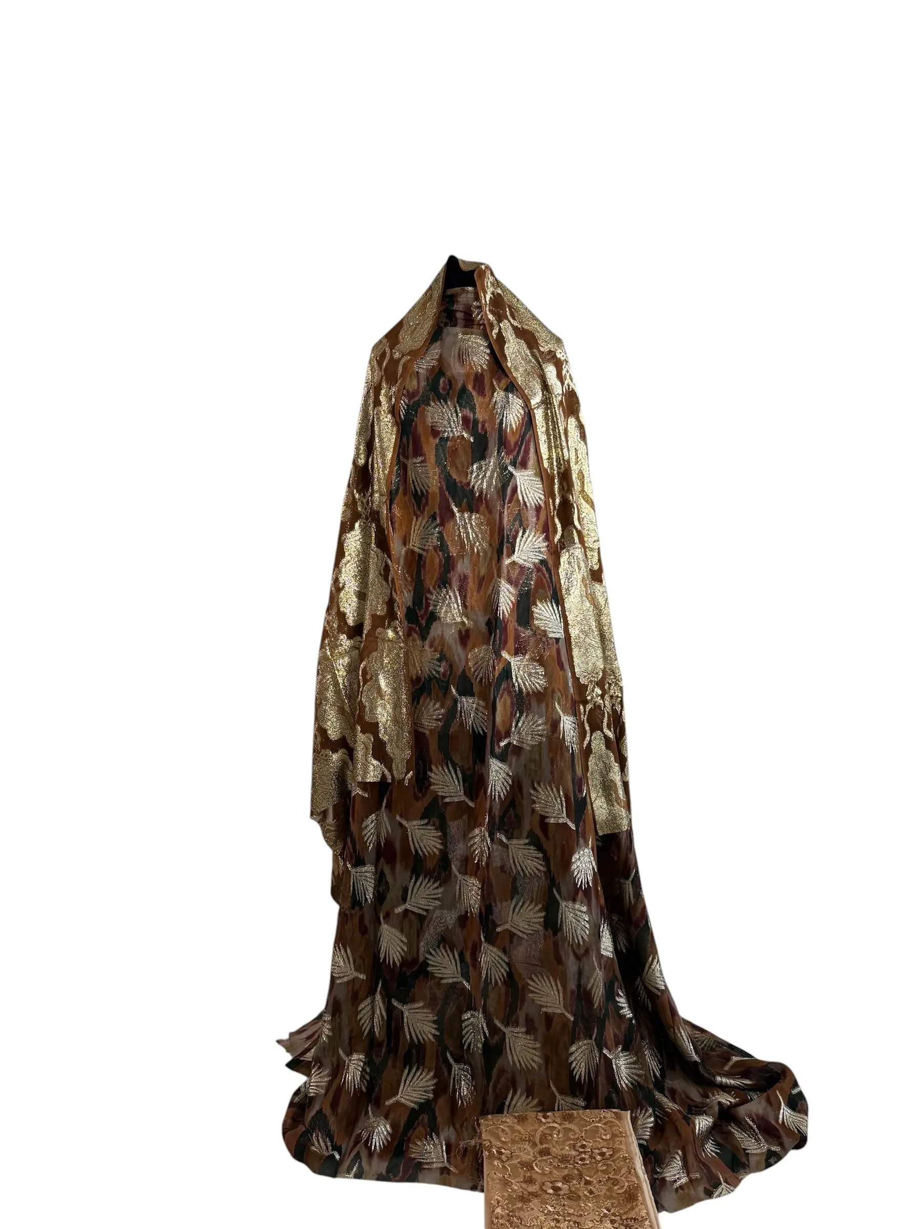 Luxury Mocha Brown & Gold Leaf 3-Piece Unstitched Dirac Suit with Embroidered Chiffon Dupatta