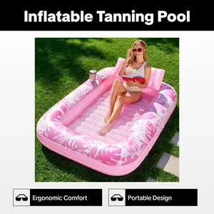 Inflatable Tanning Pool Lounger Float, 70" x 46" Pool Floats Adult with Pillow, 4 in 1 Suntan Tub Raft Floatie,Sunbathing Bed Lounge for Water Blow Up Kids Ball Pit Party Gifts, L-Blushing Pink