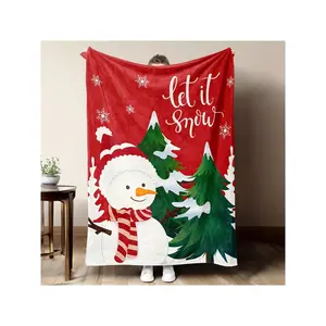 1pc Custom Name & Holiday Birthday Text Blanket - Red Christmas Tree Snowman Plush Flannel Throw With "Let It Snow" Design, Soft Cozy All-Season Bedspread For Sofa-30*40in