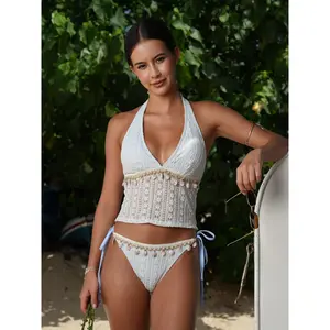 Blue Crochet Lace Shell Tankini Set Embroidery Decor Elegant Bikini Two Piece Swimsuit Exquisite Craft Soft Skin Friendly Fabric Romantic Seaside Holiday Photo Swimwear