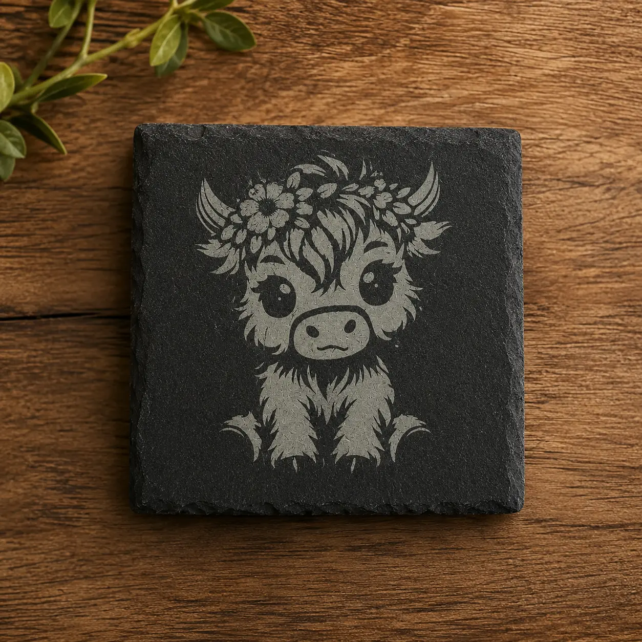 4-Piece Engraved Country Rustic Floral Cow Irregular Natural Slate Coaster Set, Heat-Resistant Tableware Drinkware Accessory with Unique Texture, Ideal for Indoor Tea/Coffee Use, Coffee Tables, Mother's Day Gifts