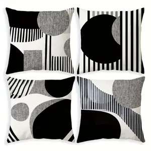 Set of 4, Short Plush Abstract Geometric Pillow Covers, , Modern Bohemian Black And White Decorative Cushion Covers, Ideal for Farmhouse Parties And Home Decor, Suitable for Couch, Sofa, Living Room, And Bedroom