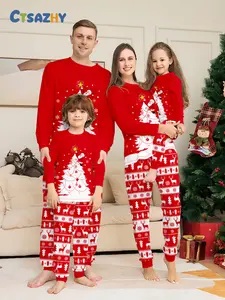 Family Christmas Pajama Set, Santa Claus Tree Print, Soft Comfortable Holiday Sleepwear, Fitted Casual Style, Fall & Winter