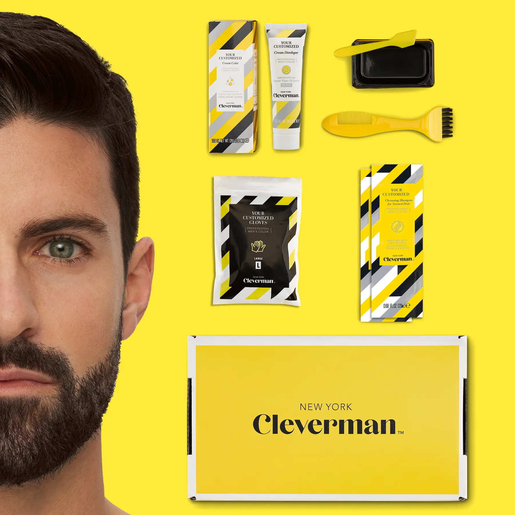 Cleverman Men's Beard & Hair Dye Kit - Natural Black Color Cream, Haircare Nourishing Oil