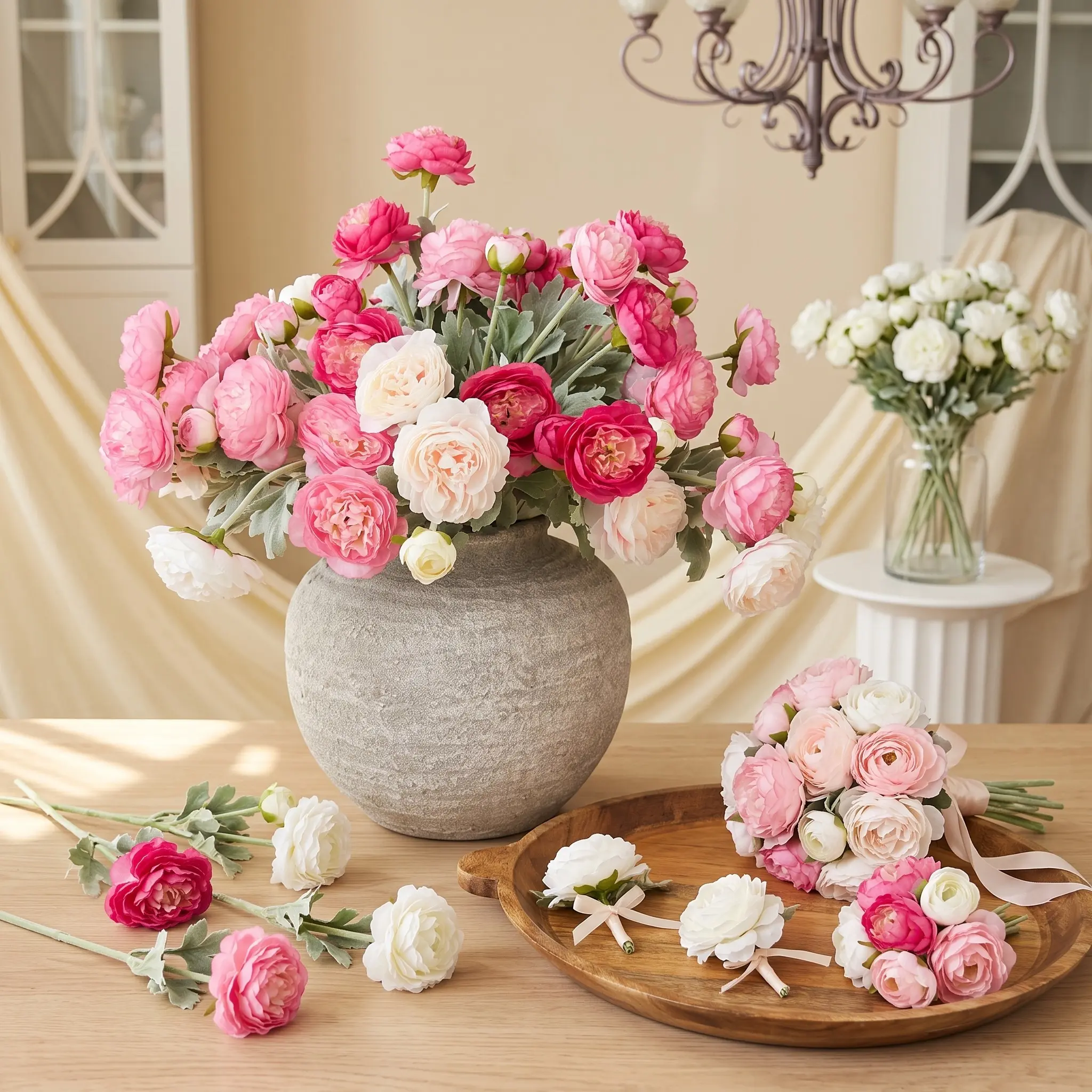 [Back to School] Molilito Premium Silk Faux Ranunculus & Peony Flower Bouquet with Gift Box, Pink & Cream White, Realistic Artificial Florals for Wedding Arch, Table Decor, Bridal & Bridesmaid Bouquets