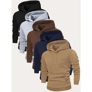 5-Piece Set of Premium Solid Color Hooded Long Sleeve Sweatshirts - Fashion Hoodies for Men - Casual Sports Wear with Kangaroo Pocket for Spring and Fall Jogging, Outdoors Leisure, and Everyday Comfort.