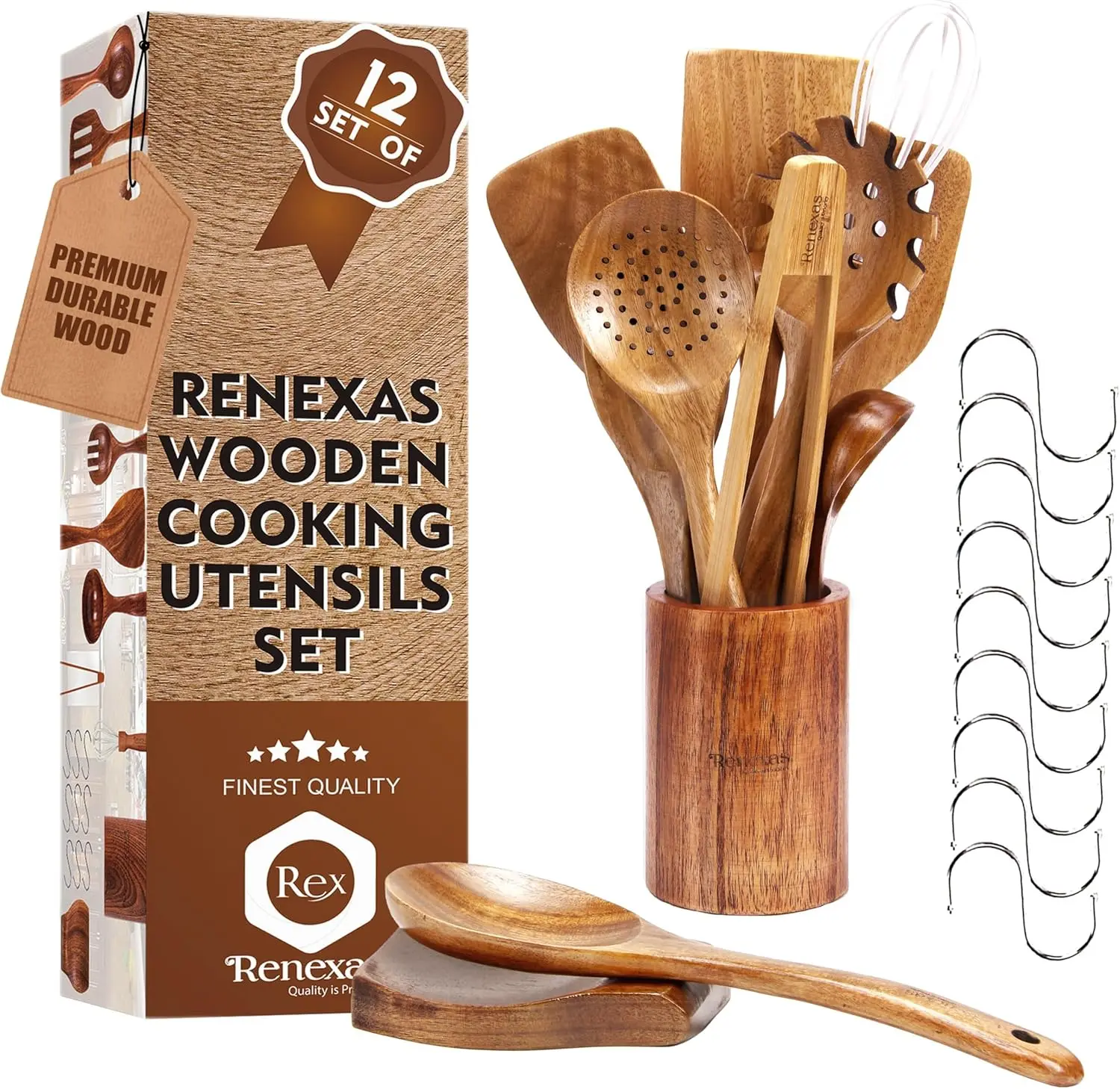 12-Piece Natural Teak Kitchen Utensil Set - Water-Resistant Teak Lasts, Includes Nonstick Spatula, Mixing Spoon for Batters, Fork & Bamboo Holder, Essential Cooking Tools