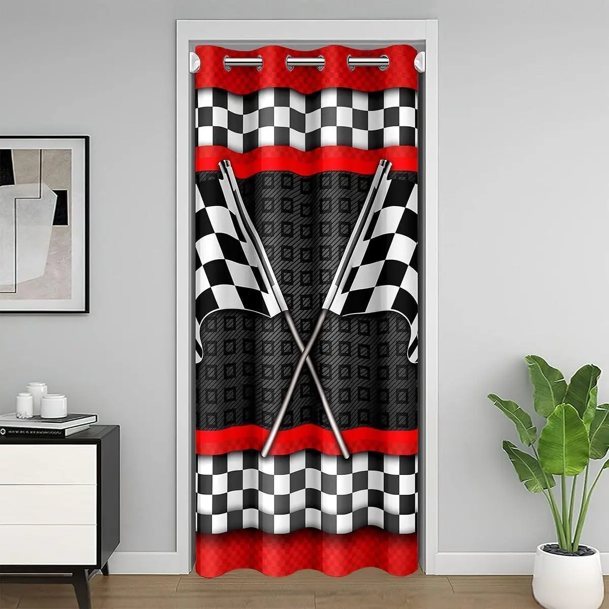 Race Car Themed Door Curtain Youth Adult,Black White Checkered Flag Print Blackout Curtain,Red Stripes Geometric Grid Plaid Door Drape Closet Door