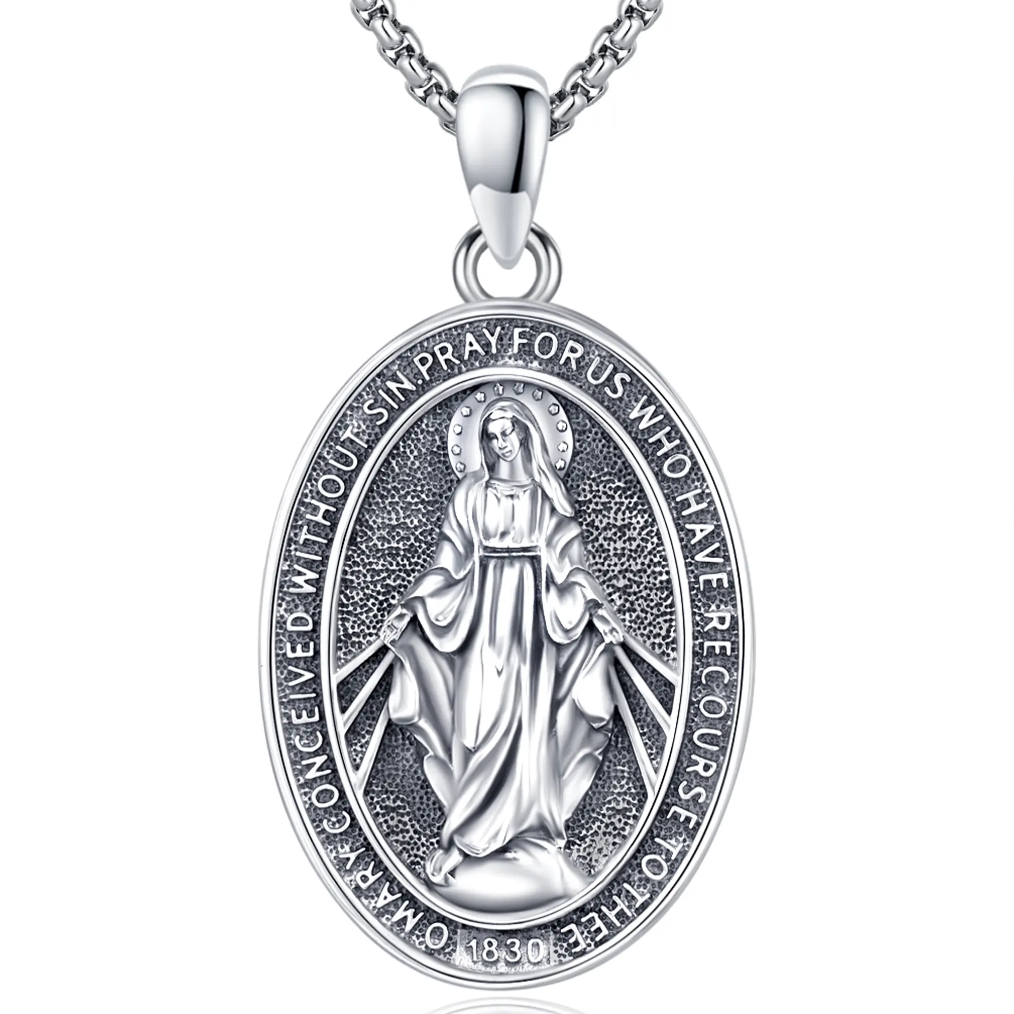 DRINSPER 925 Sterling Silver Virgin Mary Pendant Necklace - Religious Protection Jewelry Talisman, Ideal Unisex Gift for Women Men, Necklace Pendant Jewelry, Vintage, Miraculous Medal, Spiritual Jewelry
