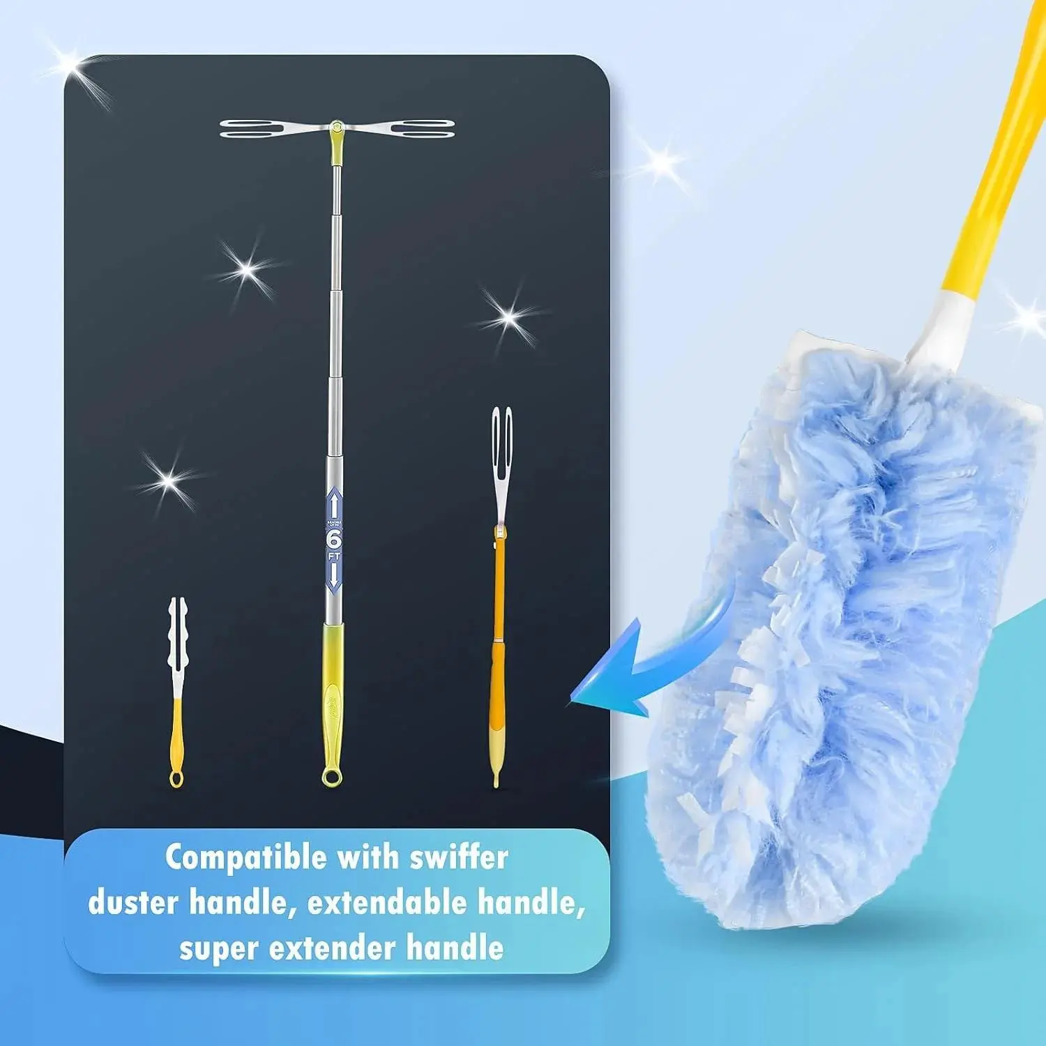 Disposable Microfiber Round Duster Heads, Electrostatic Heavy-Duty Refill Cleaning Tool (50 Count) - Swiffer Compatible, with 1 Short Handle & 1 Extendable Handle for Surface Dusting, Microfiber Round Dusters/Duster Heads